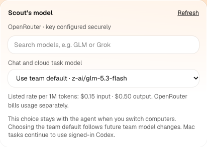 Scout’s actual OpenRouter model selector, provider cost display and per-agent model settings
