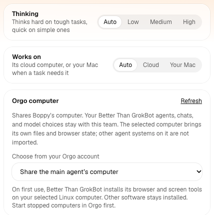 Actual Thinking controls with Auto, Low, Medium and High, plus Cloud, Your Mac and Orgo computer selection